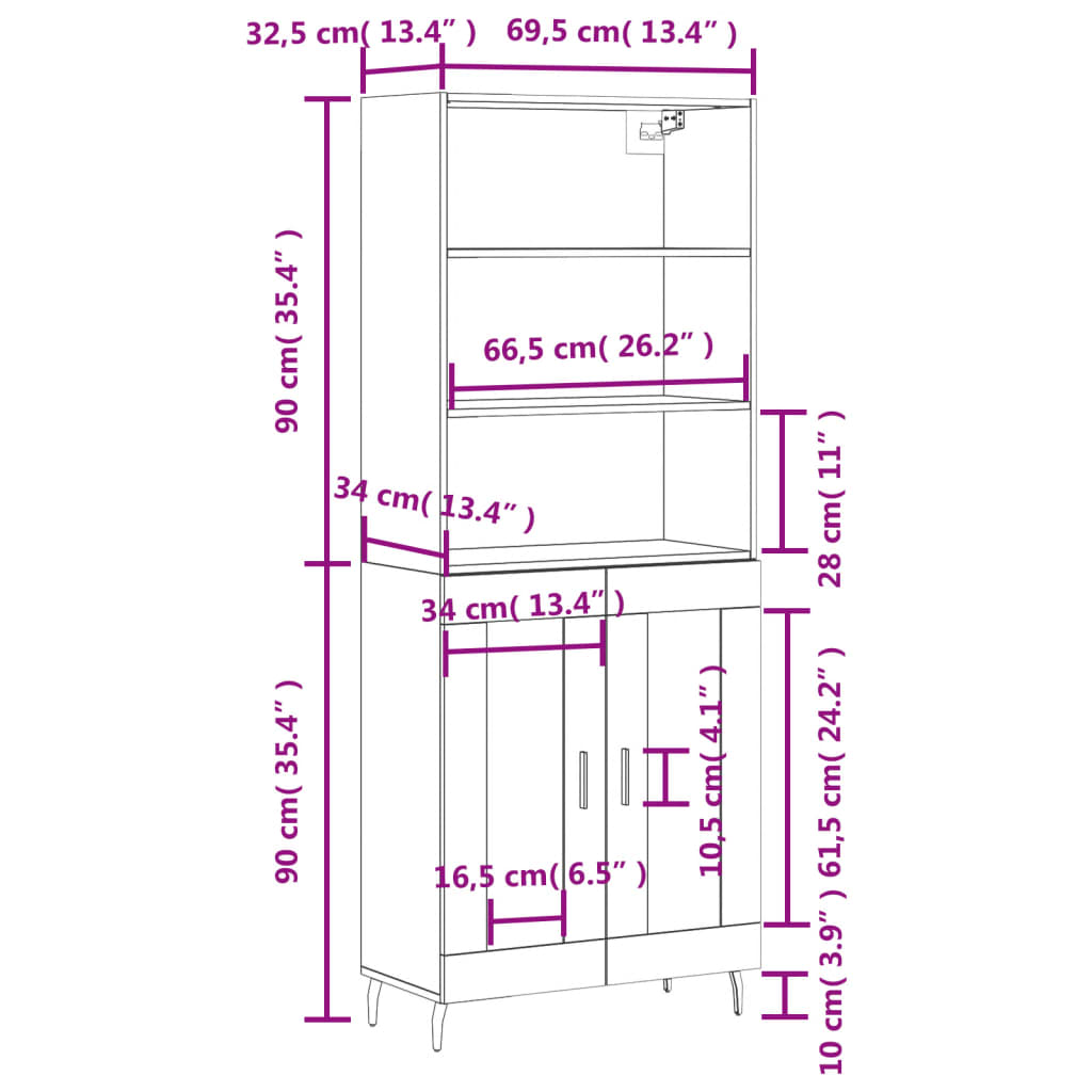 vidaXL Highboard Concrete Grey 69.5x34x180 cm Engineered Wood