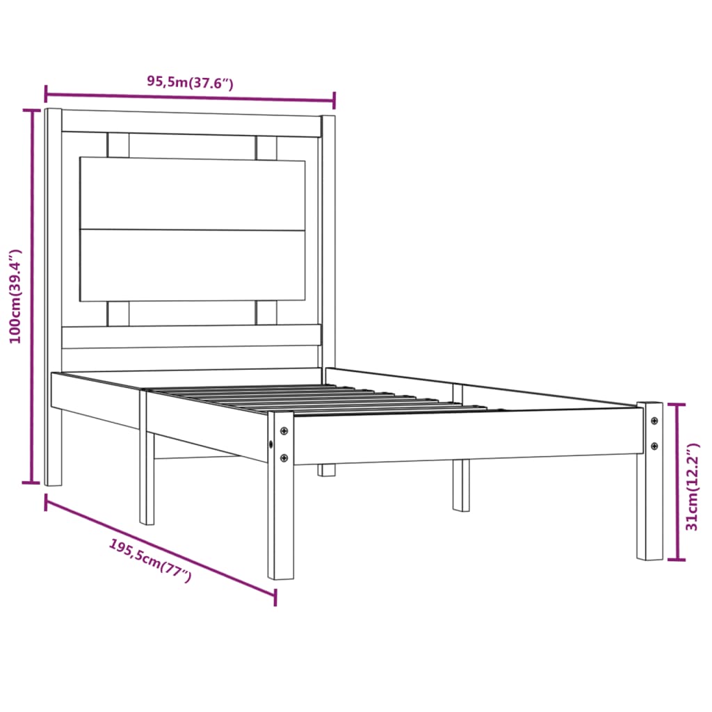 vidaXL Bed Frame without Mattress Black 90x190 cm Single Solid Wood