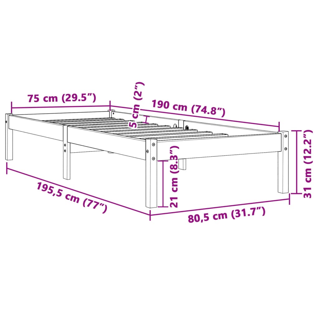 vidaXL Bed Frame without Mattress Wax Brown 75x190 cm Small Single Solid Wood Pine