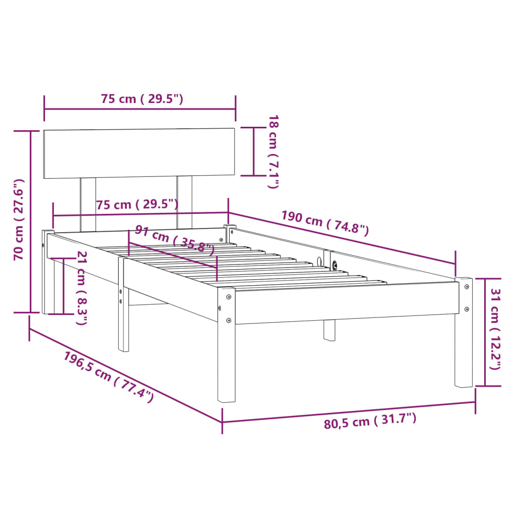 vidaXL Bed Frame without Mattress Black Solid Wood Small Single