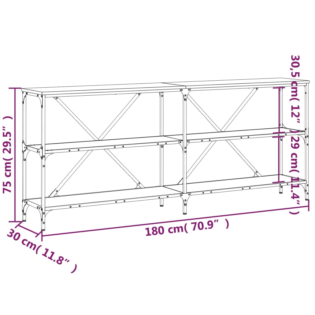 vidaXL Console Table Smoked Oak 180x30x75 cm Engineered Wood and Iron