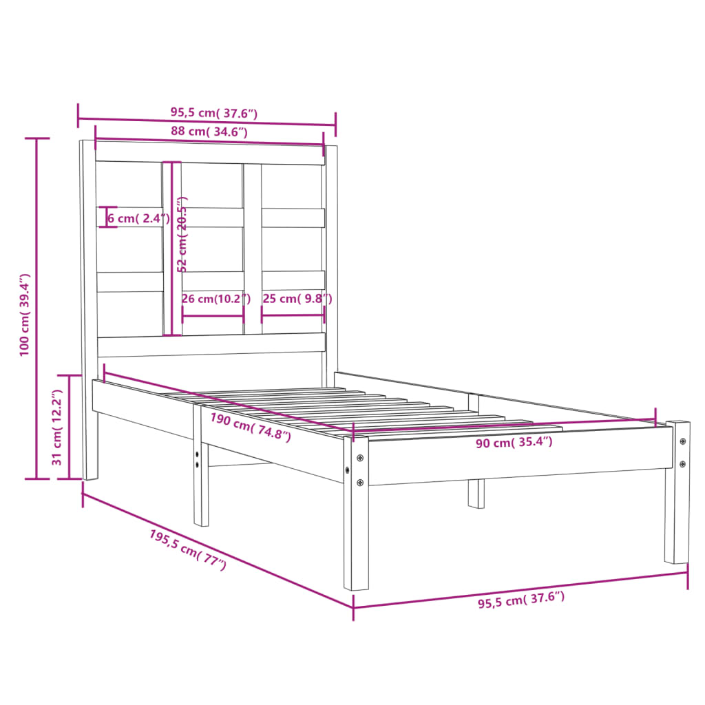 vidaXL Bed Frame without Mattres 90x190 cm Singles Solid Wood