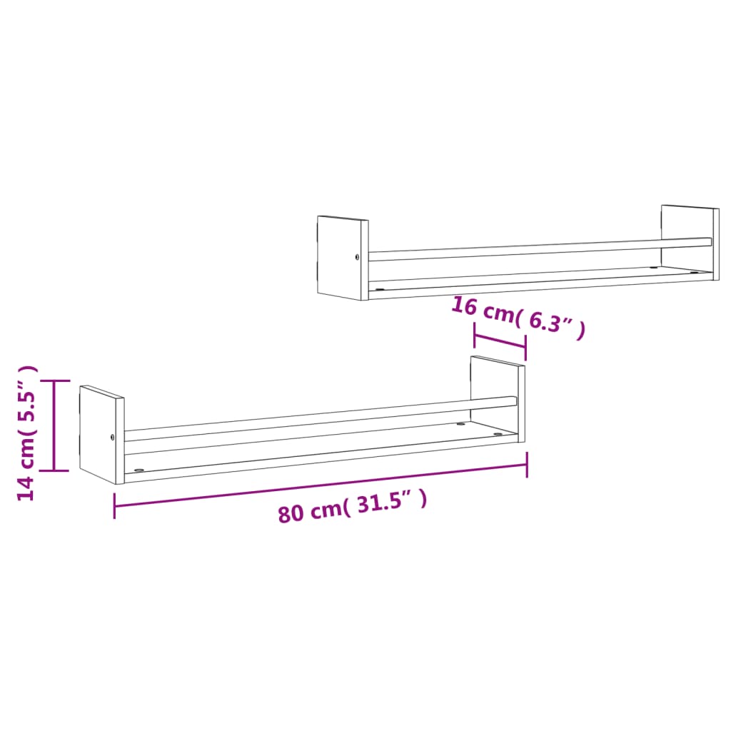 vidaXL Wall Shelves with Bars 2 pcs Grey Sonoma 80x16x14 cm