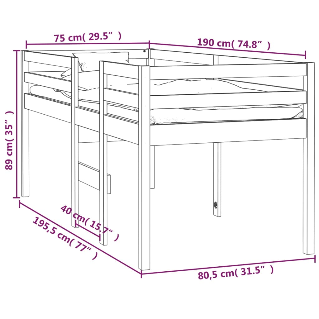 vidaXL High Sleeper Bed without Mattress 75x190 cm Small Single Solid Wood Pine