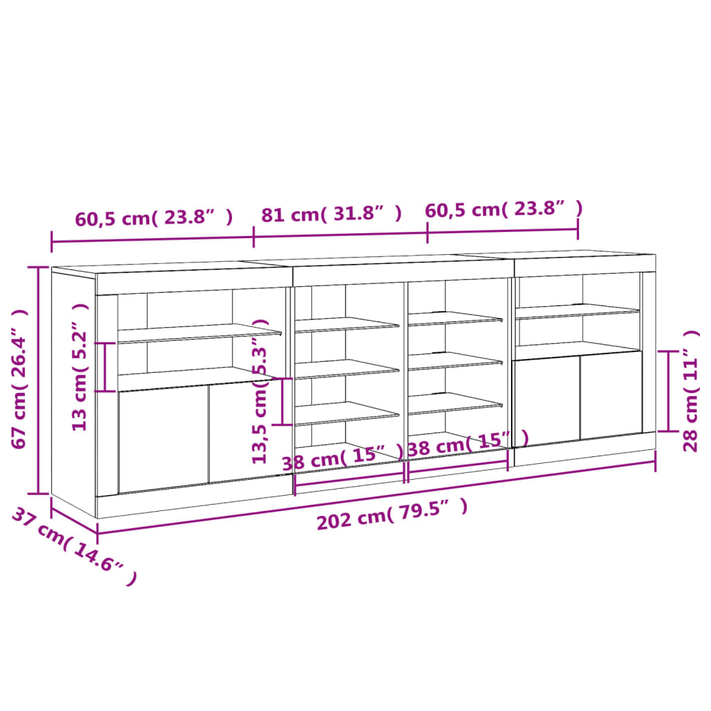 vidaXL Sideboard with LED Lights White 202x37x67 cm