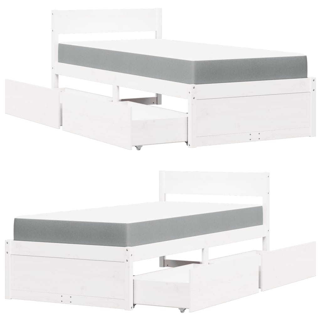 vidaXL Bed with Drawers and Mattress White 90x190 cm Single Solid Wood Pine