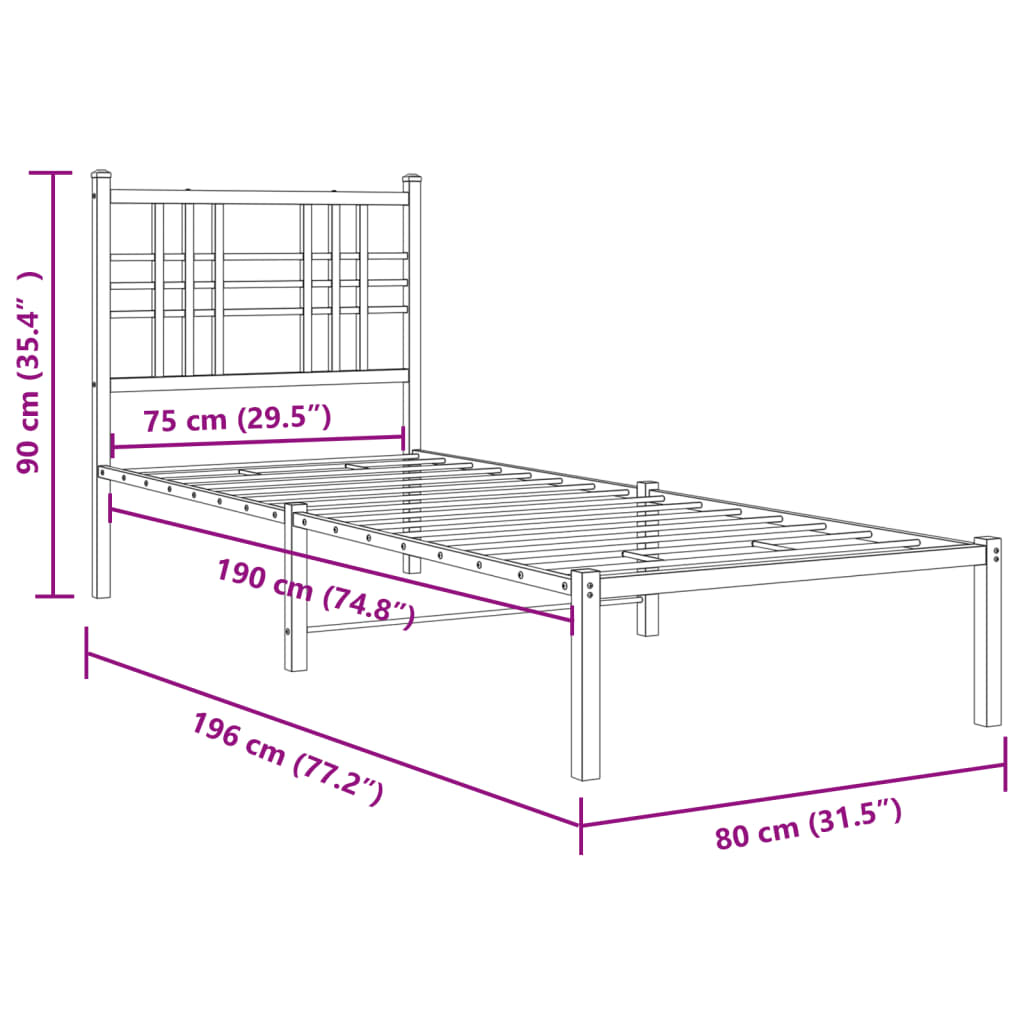 vidaXL Metal Bed Frame without Mattress with Footboard Black 75x190 cm Small Single