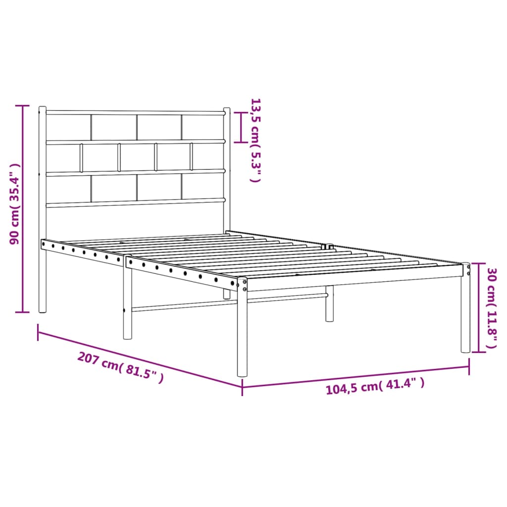 vidaXL Metal Bed Frame with Headboard White 100x200 cm