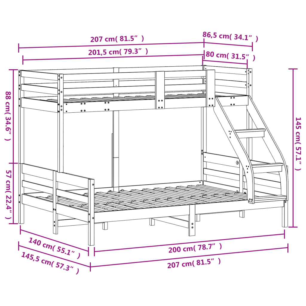 vidaXL Bunk Bed without Mattress 80x200/140x200 cm White Solid Wood