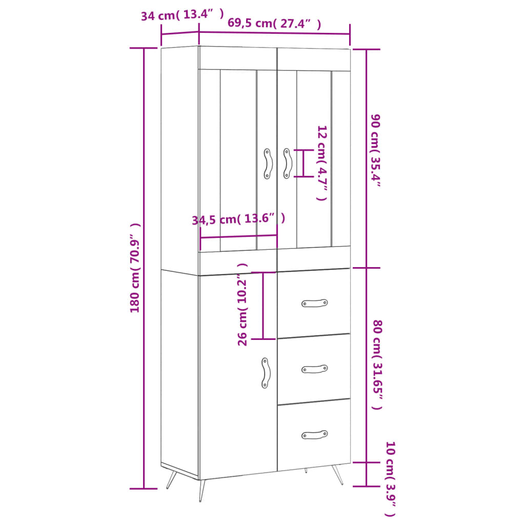 vidaXL Highboard Black 69.5x34x180 cm Engineered Wood