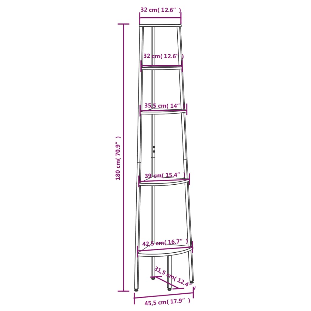 vidaXL 5-Tier Corner Shelf Black 45.5x31.5x180 cm