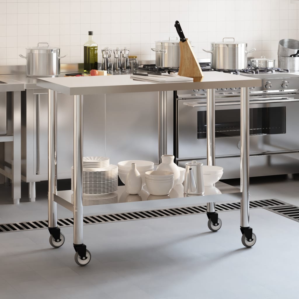 vidaXL Kitchen Work Table with Wheels 110x55x85 cm Stainless Steel