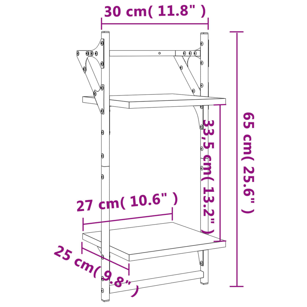 vidaXL 2-Tier Wall Shelves with Bars 2 pcs Smoked Oak 30x25x65 cm