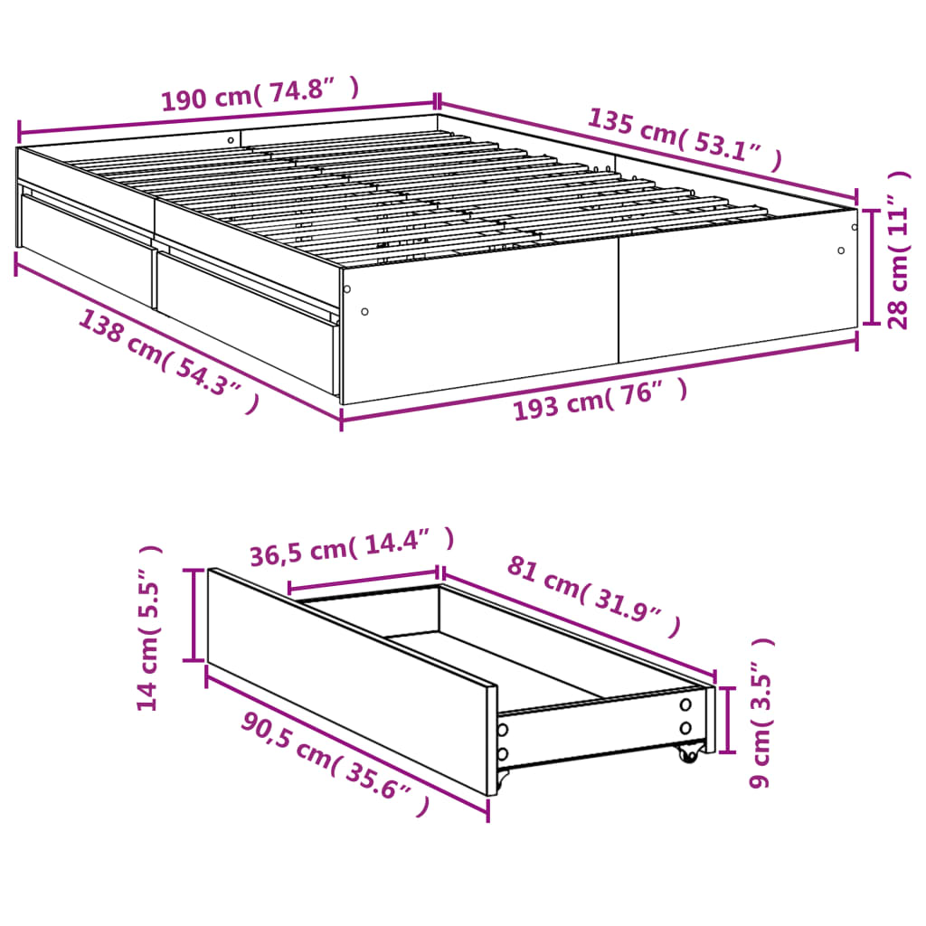 vidaXL Bed Frame with Drawers without Mattress Grey Sonoma 135x190 cm Double