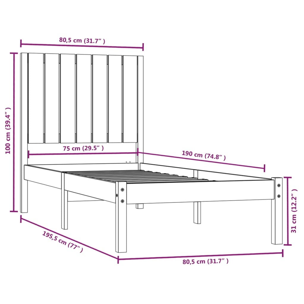 vidaXL Bed Frame without Mattress Honey Brown 75x190 cm Small Single Solid Wood