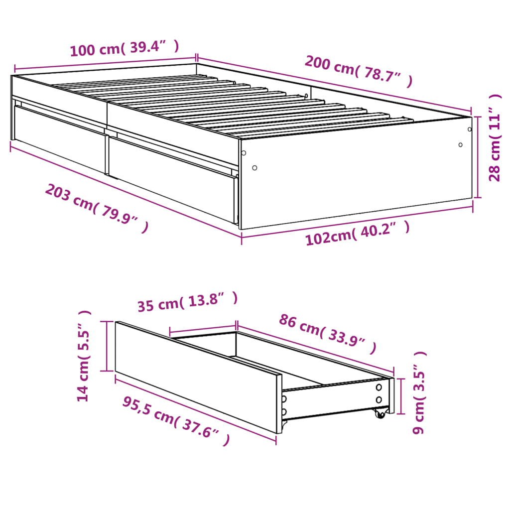 vidaXL Bed Frame with Drawers without Mattress Grey Sonoma 100x200 cm