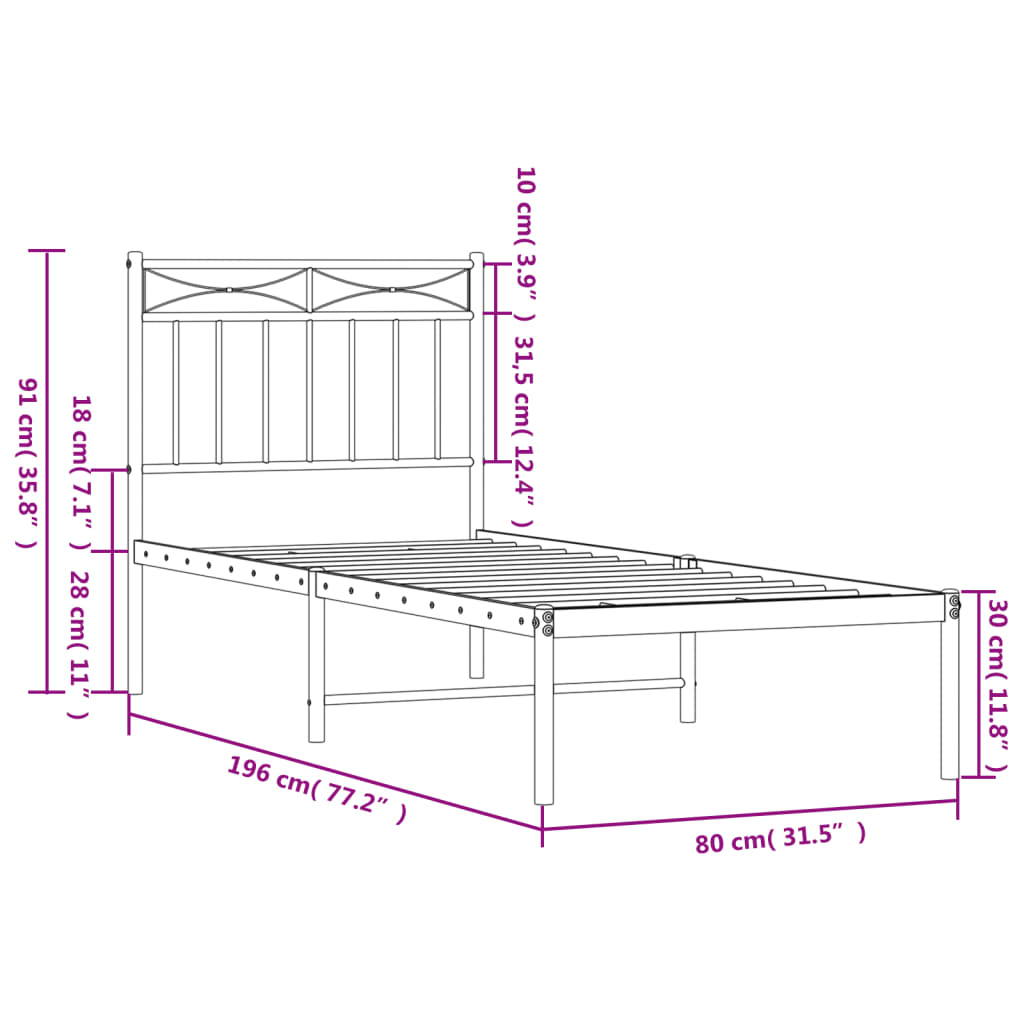 vidaXL Metal Bed Frame without Mattress with Headboard White 75x190 cm Small Single