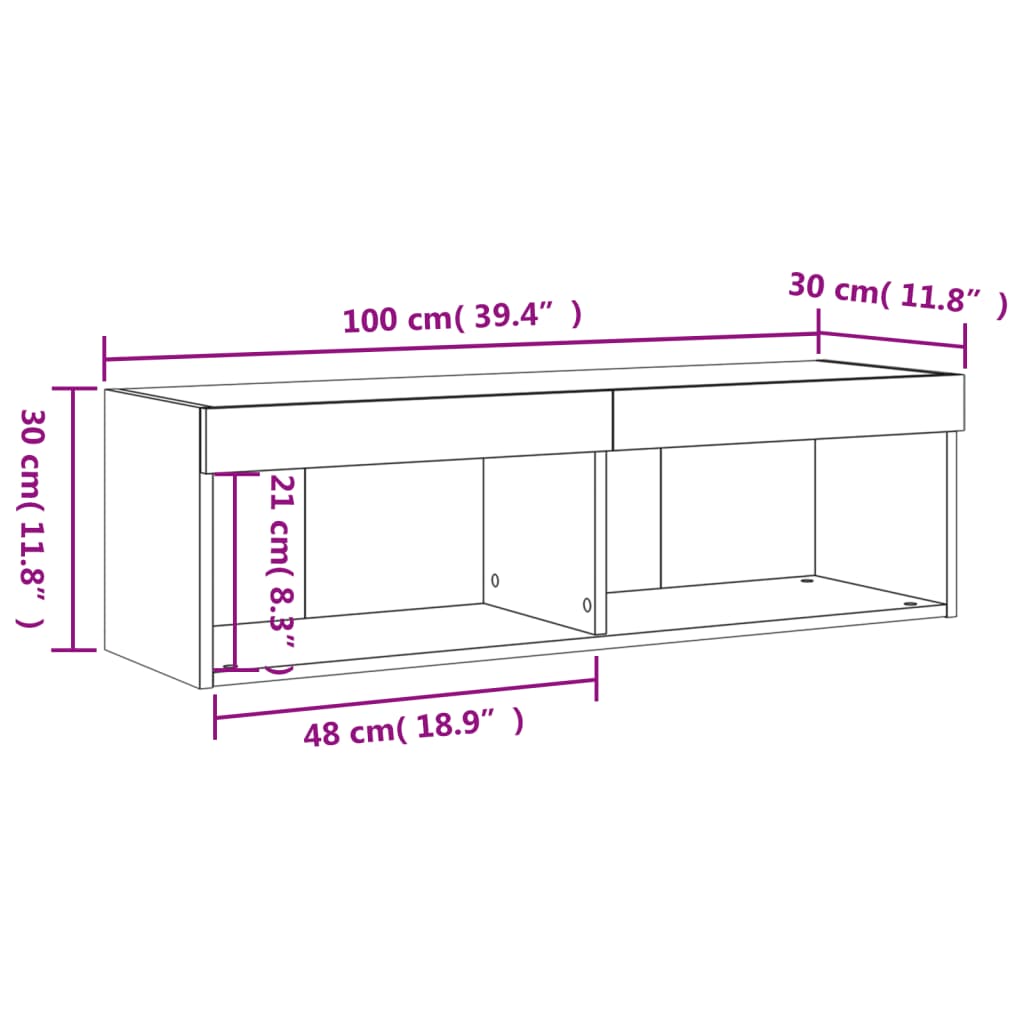 vidaXL TV Cabinet with LED Lights Smoked Oak 100x30x30 cm