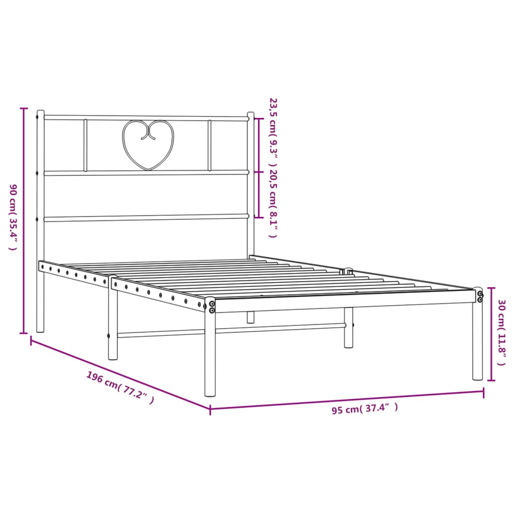 vidaXL Metal Bed Frame without Mattress with Headboard Black 90x190 cm Single