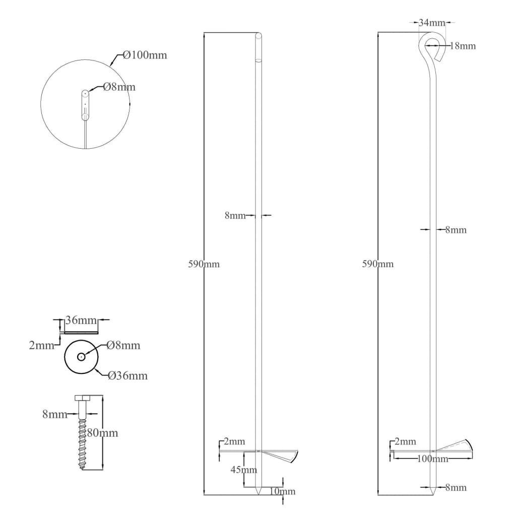 vidaXL Earth Anchors 10 pcs 10x60 cm Galvanised Metal