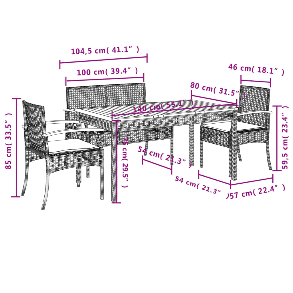 vidaXL 3 Piece Garden Dining Set with Cushions Black Poly Rattan