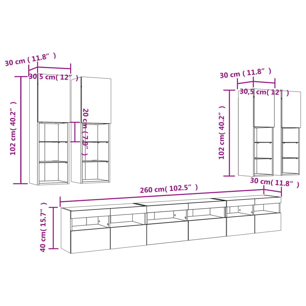 vidaXL 7 Piece TV Wall Cabinet Set with LED Lights Smoked Oak