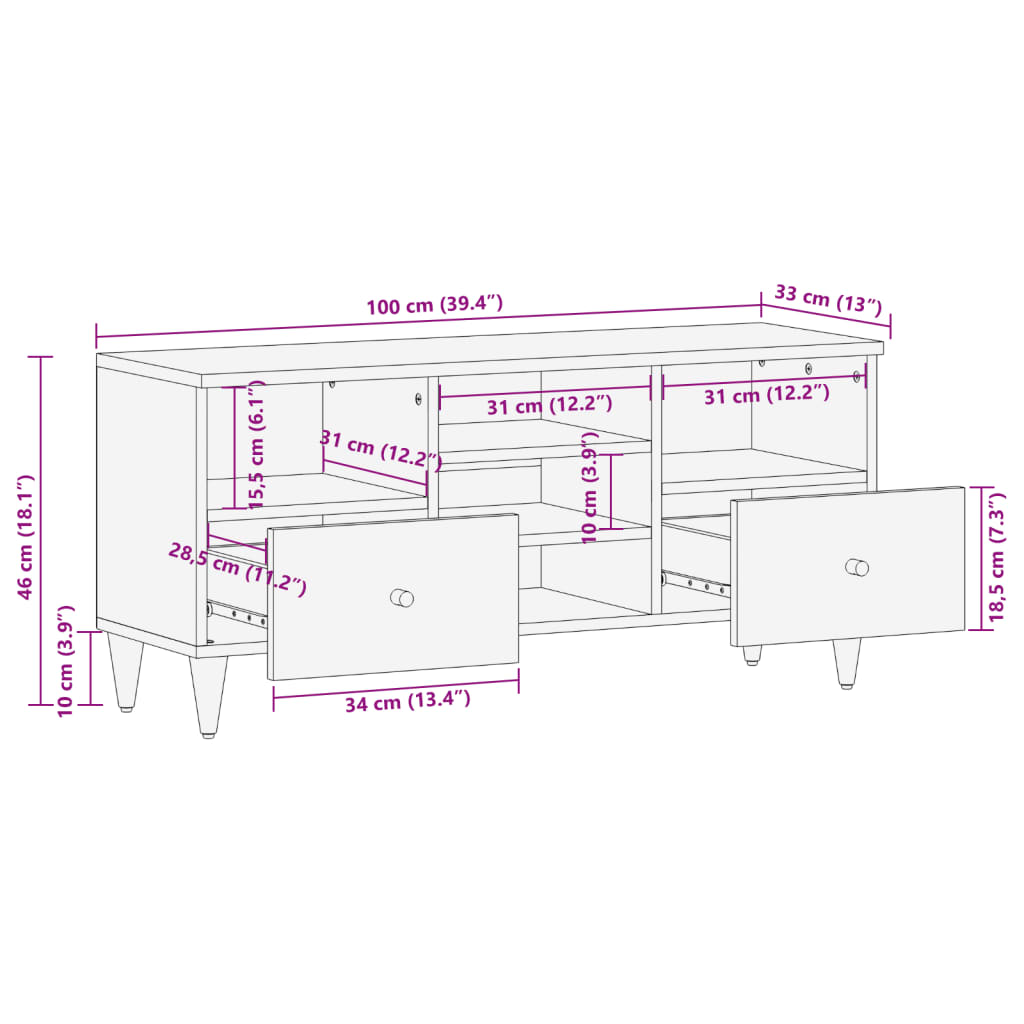 vidaXL TV Cabinet 100x33x46 cm Solid Wood Mango