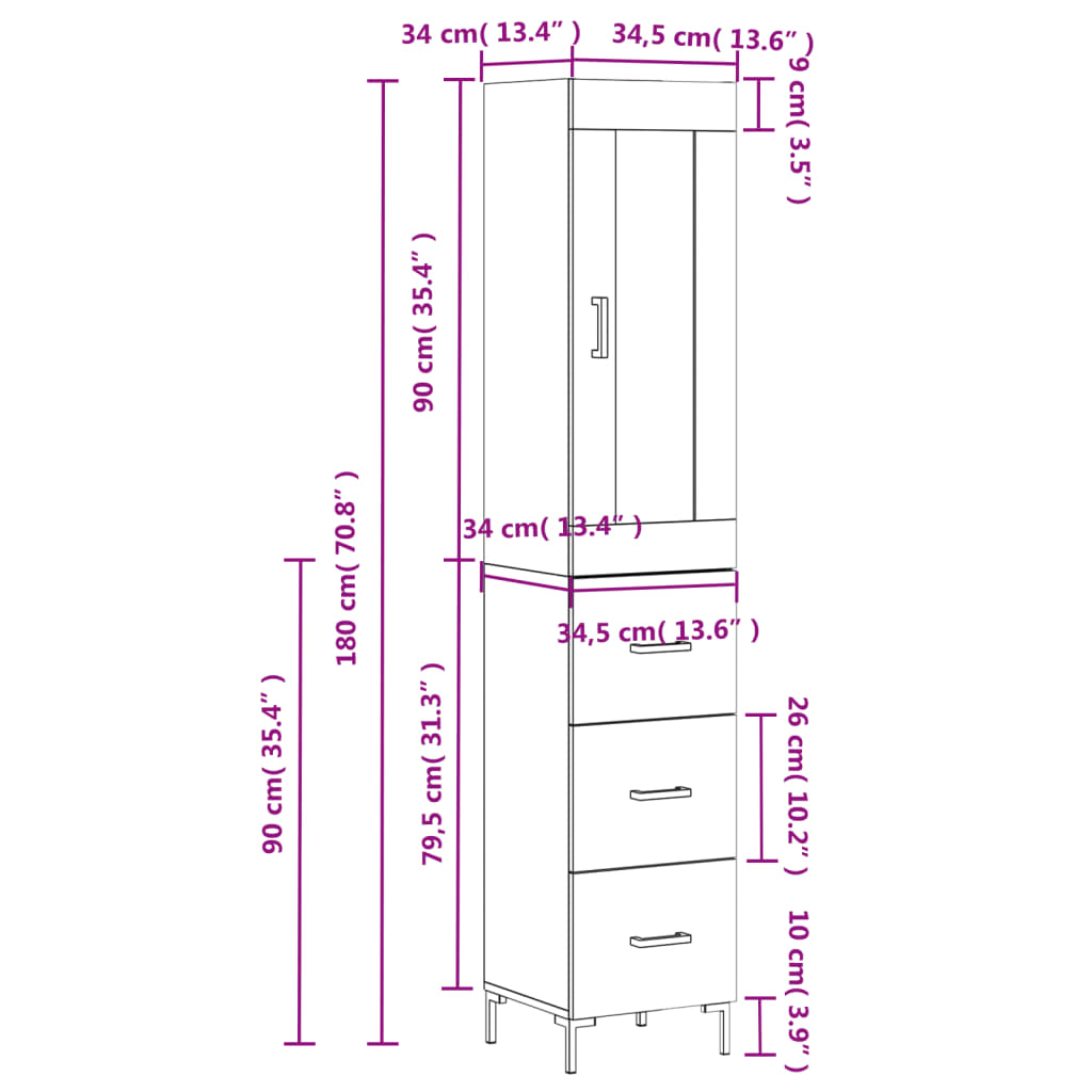 vidaXL Highboard Brown Oak 34.5x34x180 cm Engineered Wood