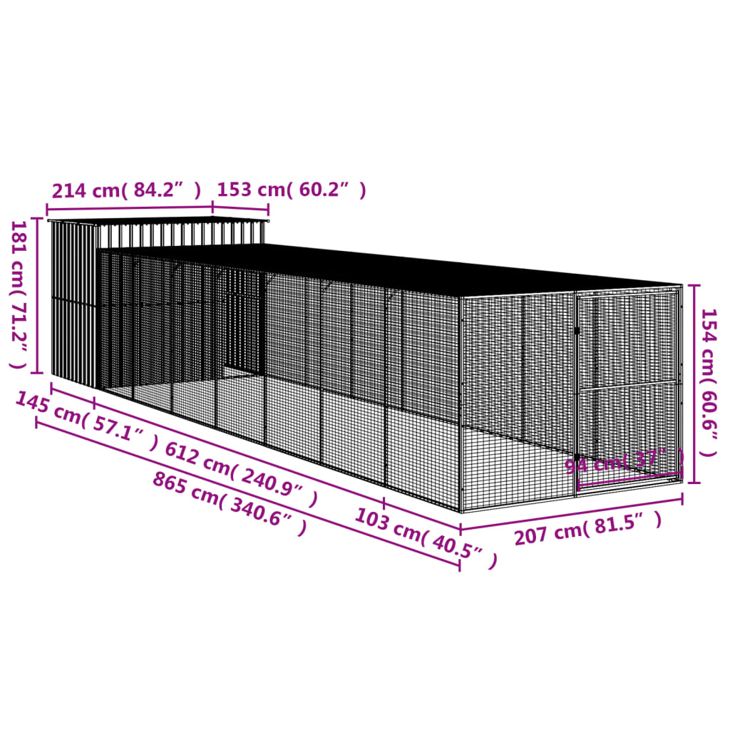 vidaXL Dog House with Run Light Grey 214x865x181 cm Galvanised Steel