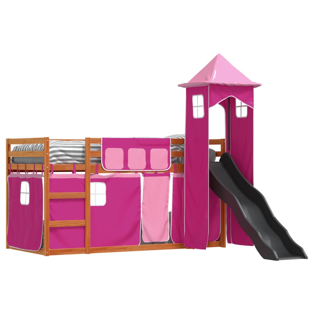 vidaXL Bunk Bed without Mattress with Slide and Curtains Pink 80x200 cm