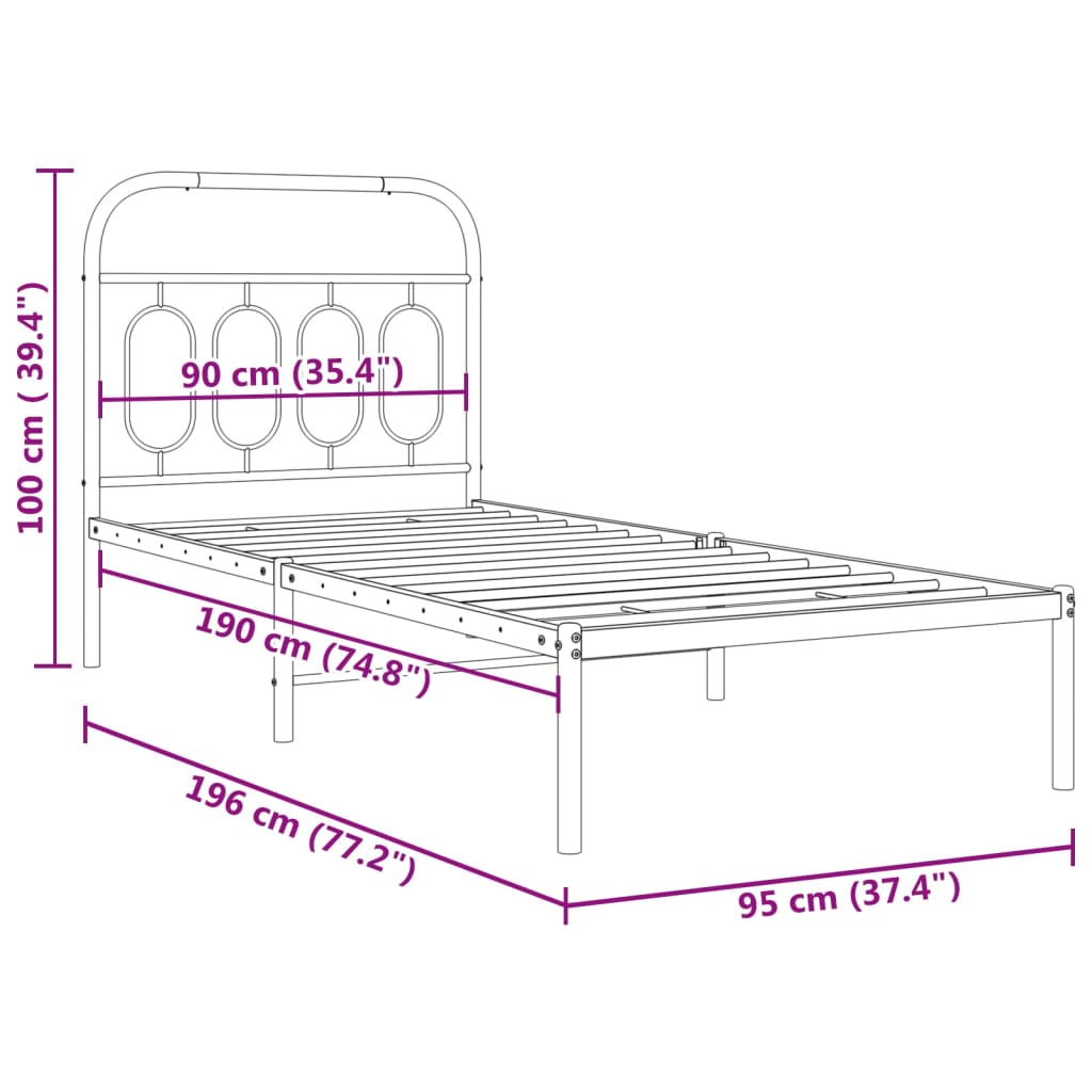 vidaXL Metal Bed Frame without Mattress with Headboard Black 90x190 cm Single