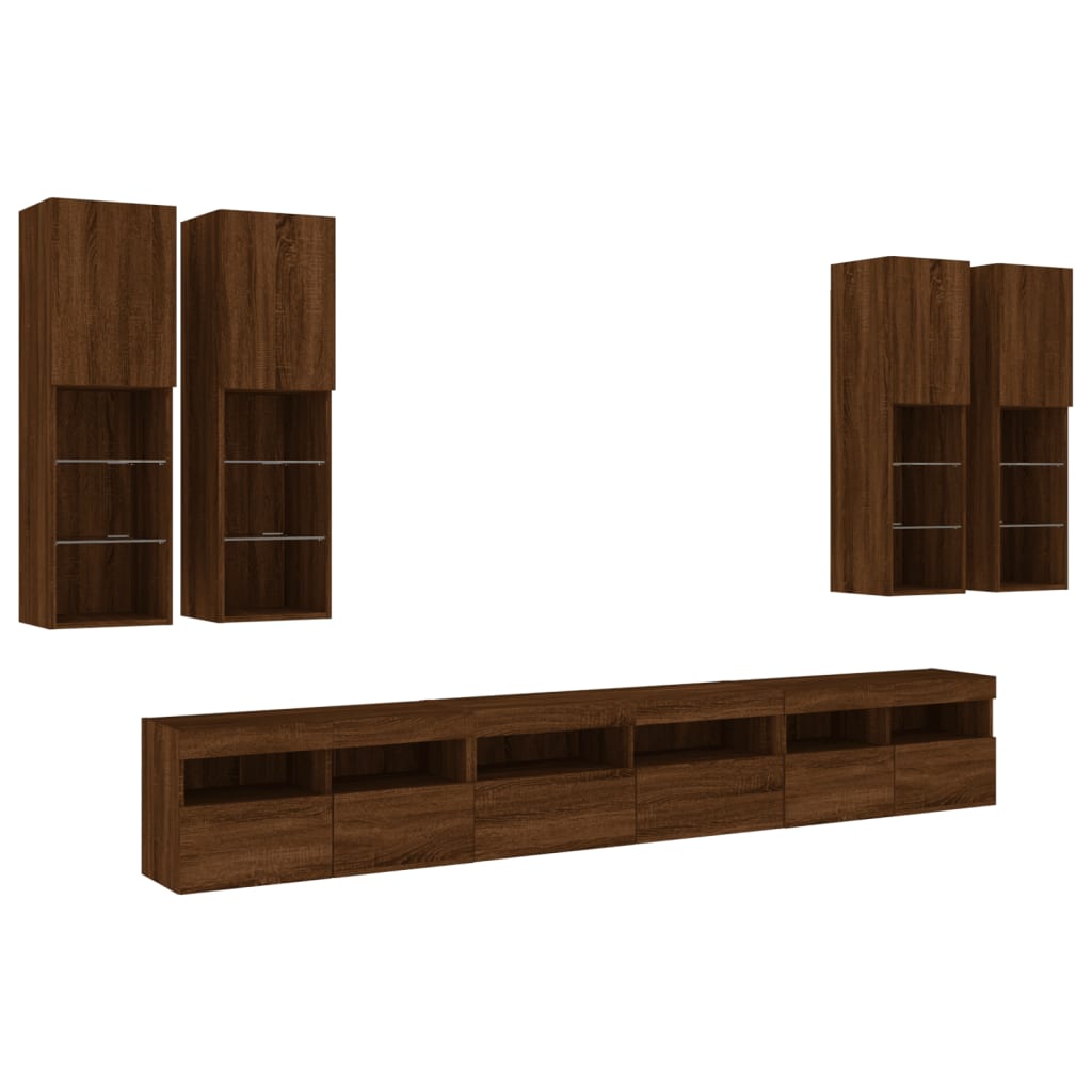 vidaXL 7 Piece TV Wall Cabinet Set with LED Lights Brown Oak