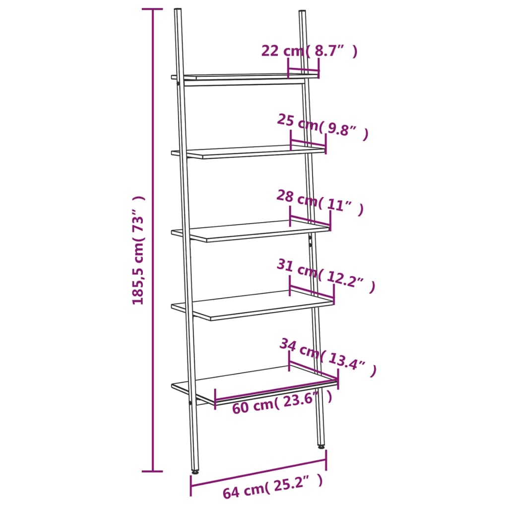 vidaXL 5-Tier Leaning Shelf Black 64x34x185.5 cm