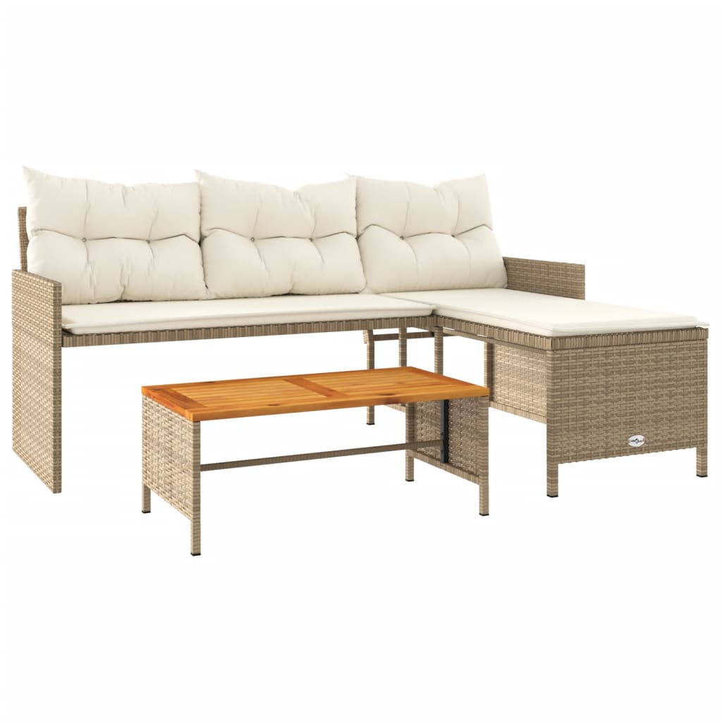 vidaXL Garden Sofa with Table and Cushions L-Shaped Beige Poly Rattan