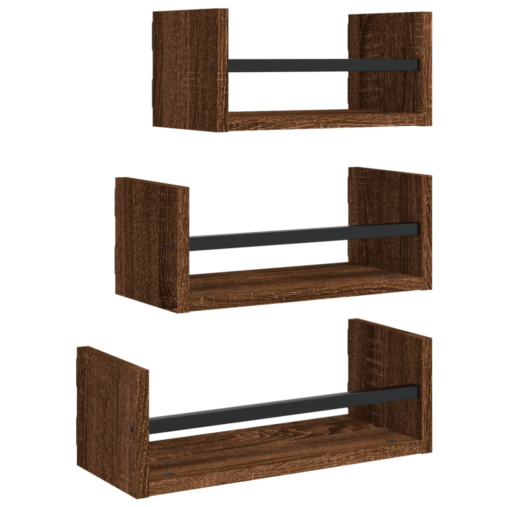 vidaXL 3 Piece Wall Shelf Set with Bars Brown Oak Engineered wood
