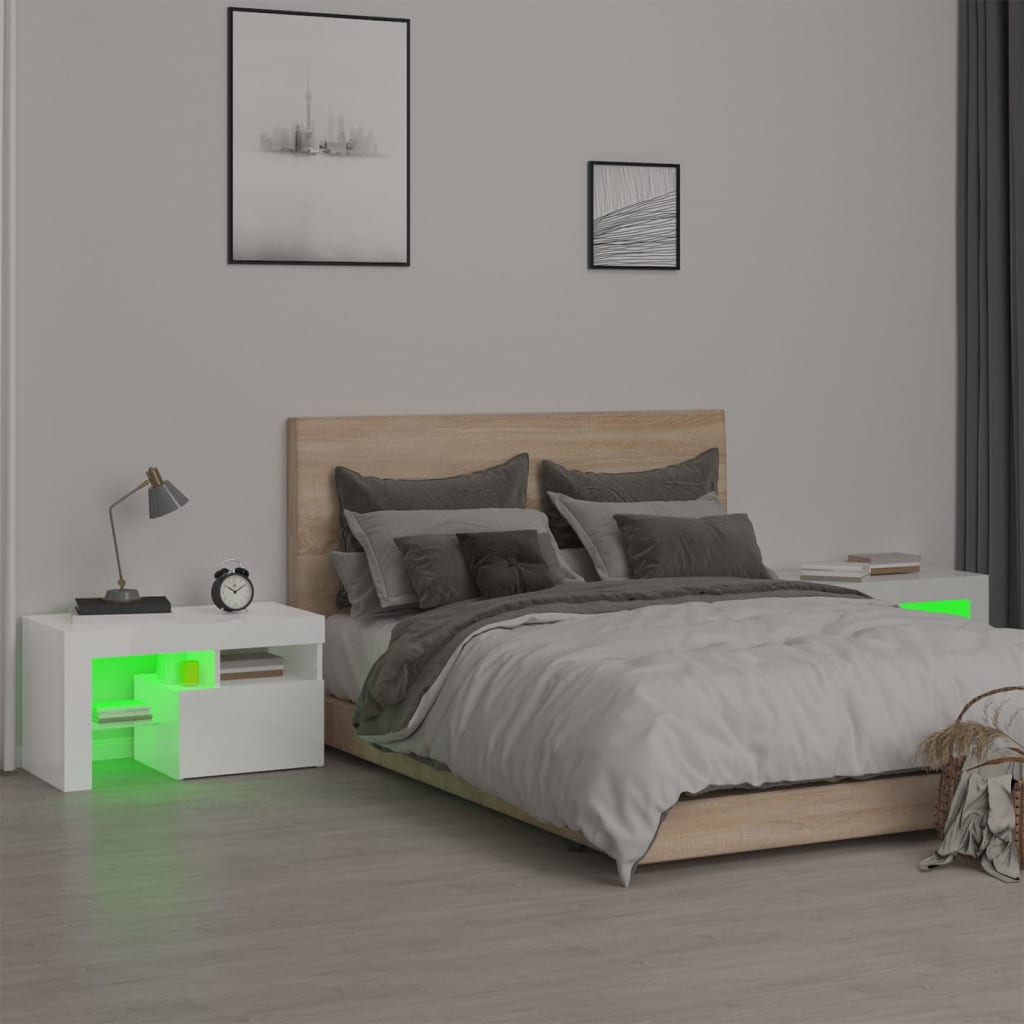 vidaXL Bedside Cabinets 2 pcs with LED Lights High Gloss White 70x36.5x40 cm