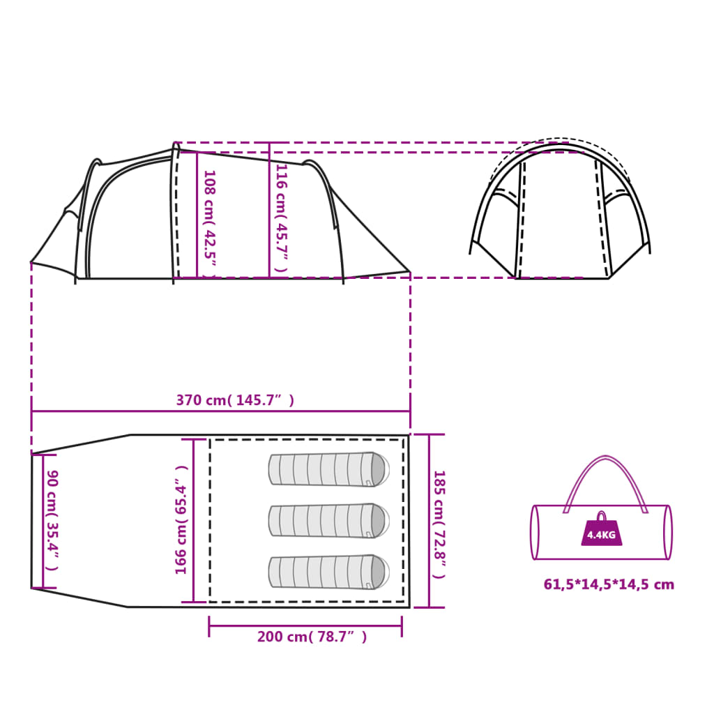 vidaXL Camping Tent Tunnel 3-Person Orange Waterproof