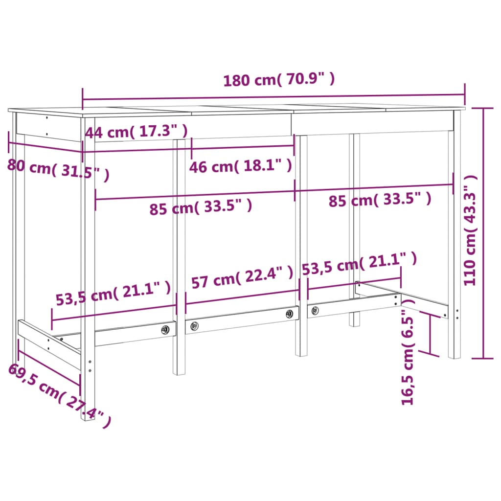 vidaXL Bar Table White 180x80x110 cm Solid Wood Pine