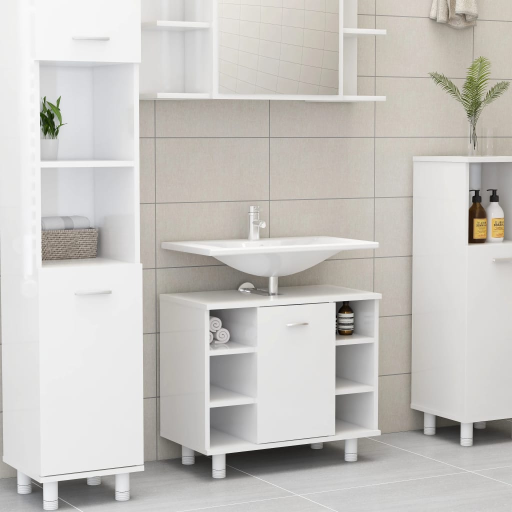 vidaXL 3 Piece Bathroom Furniture Set High Gloss White Engineered Wood