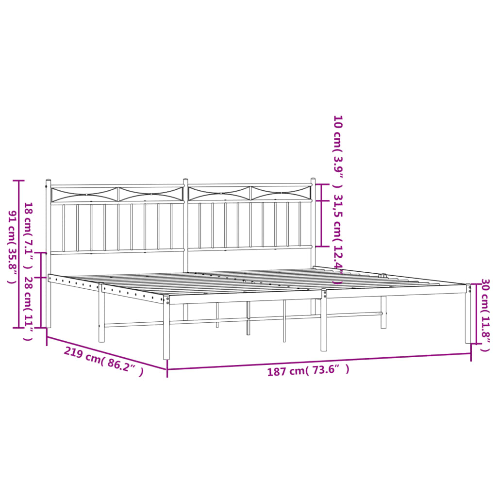 vidaXL Metal Bed Frame without Mattress with Headboard Black 183x213 cm