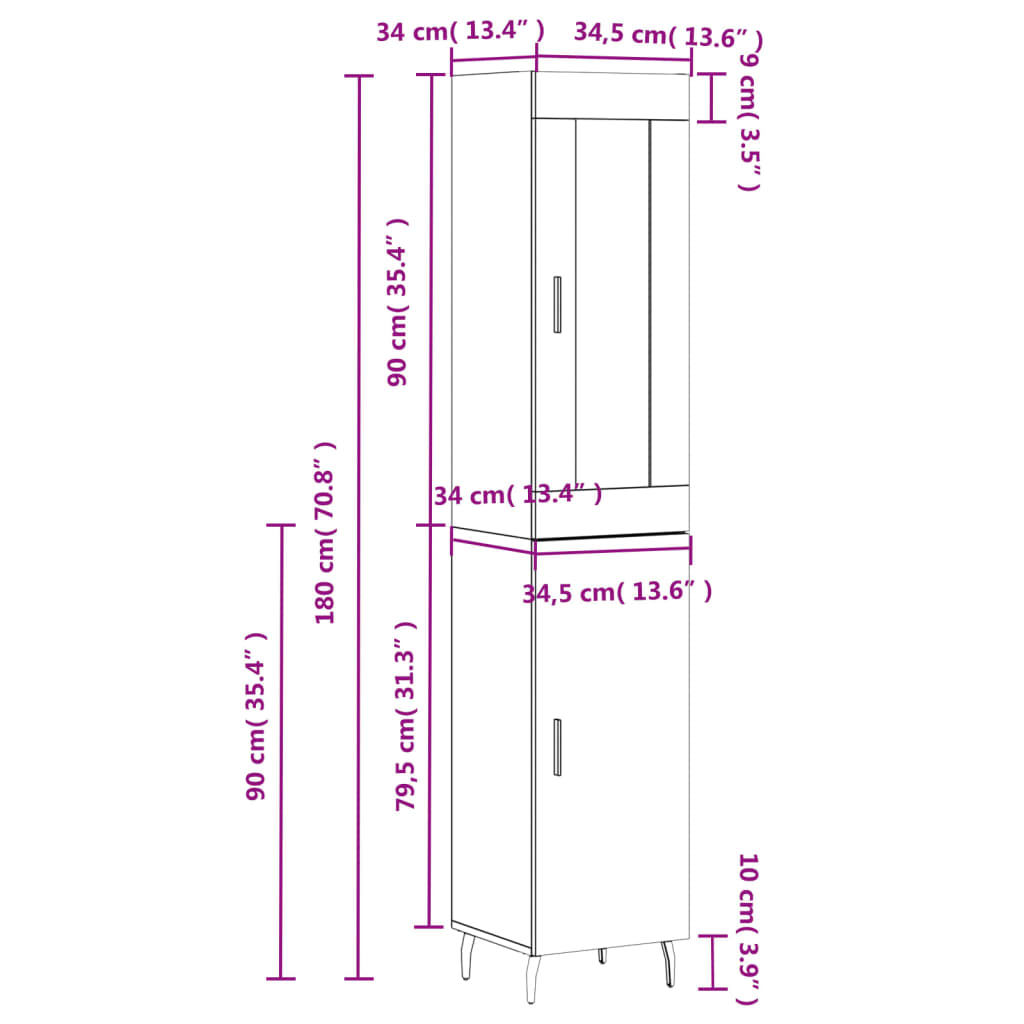 vidaXL Highboard Grey Sonoma 34.5x34x180 cm Engineered Wood