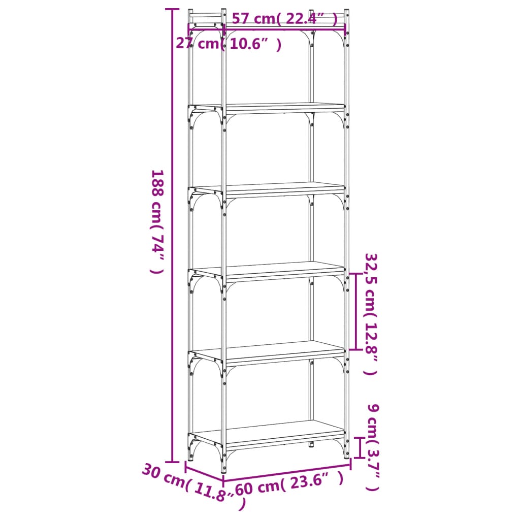 vidaXL Bookcase 6-Tier Brown Oak 60x30x188 cm Engineered Wood