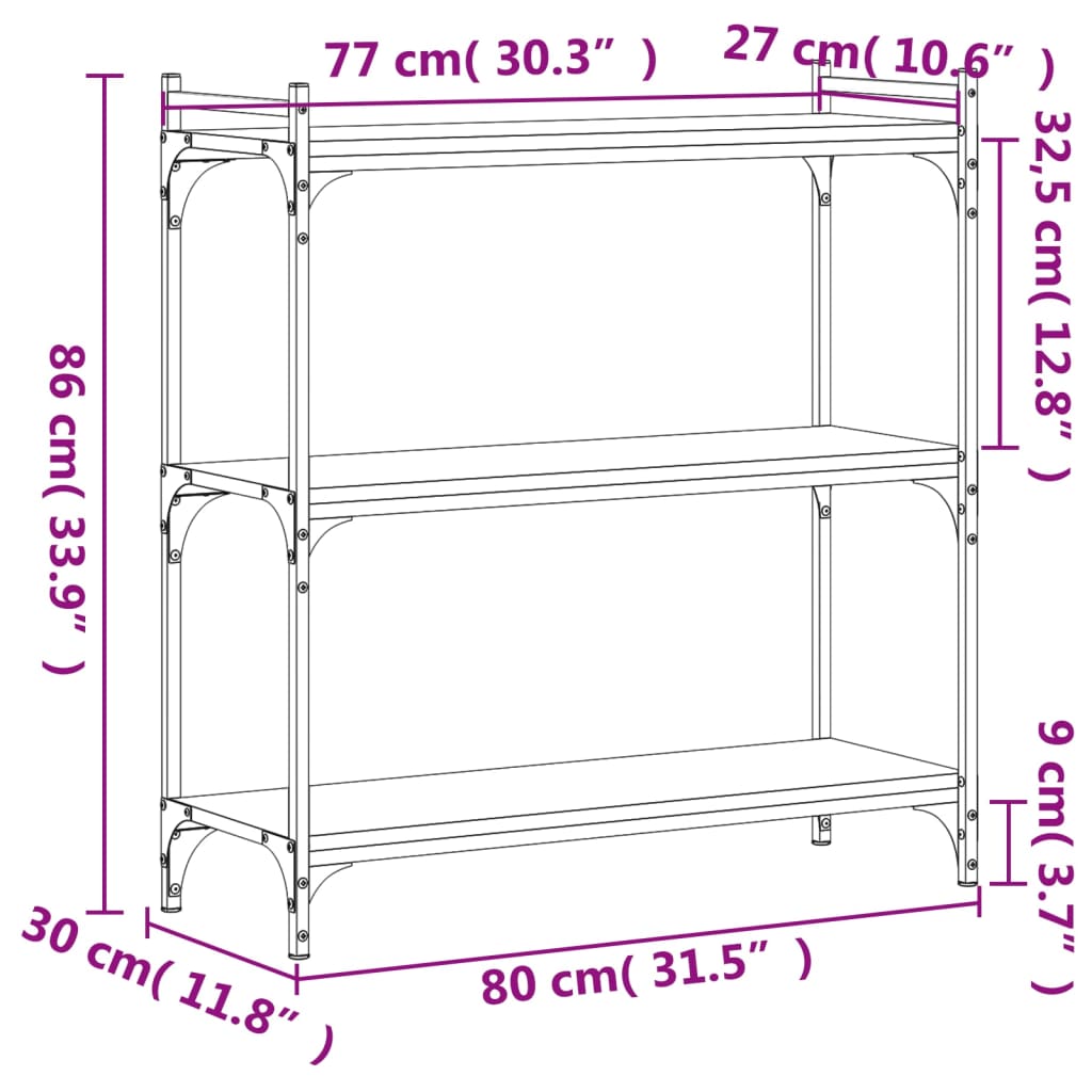 vidaXL Bookcase 3-Tier Black 80x30x86 cm Engineered Wood