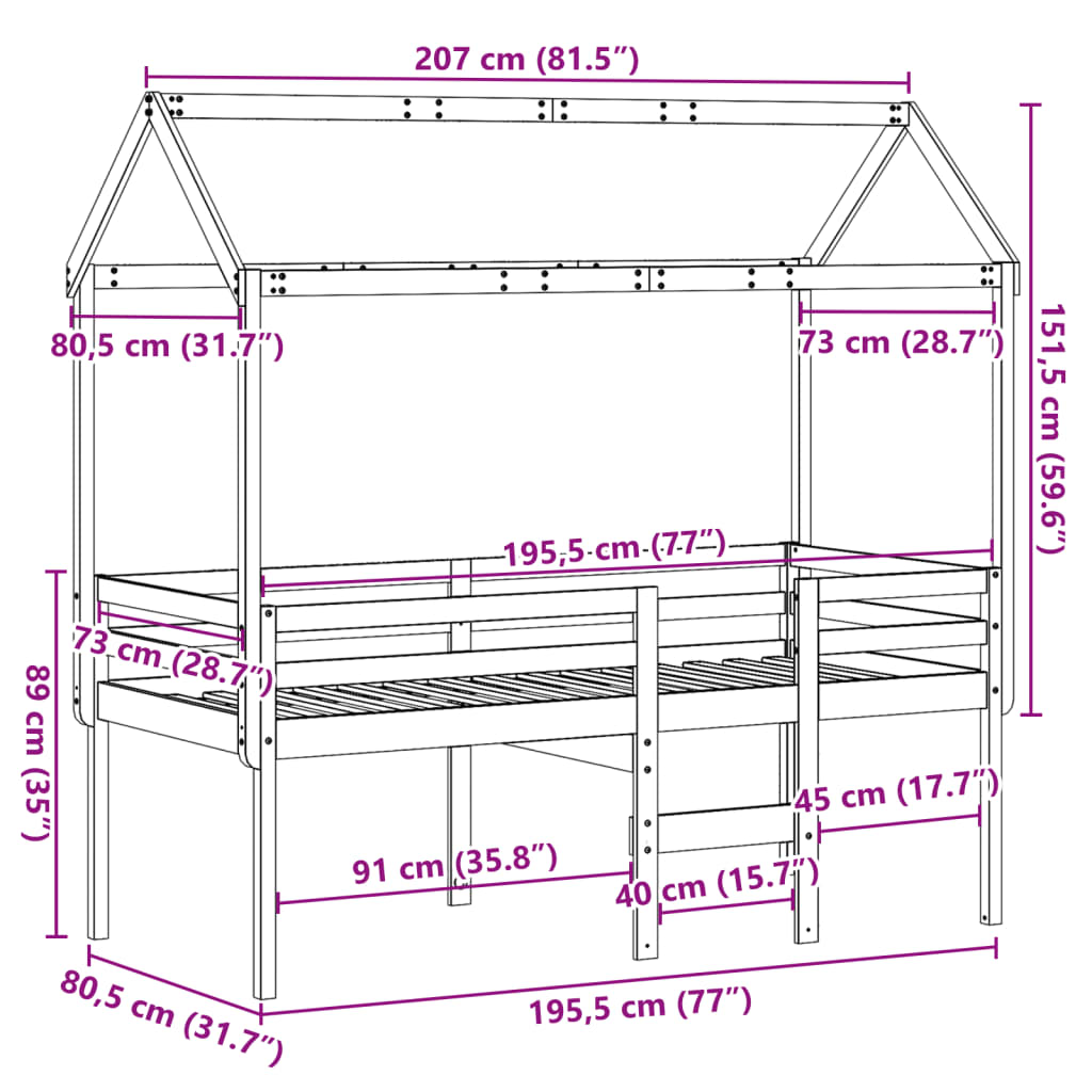 vidaXL High Sleeper Bed without Mattress White 75x190 cm Small Single Solid Wood Pine