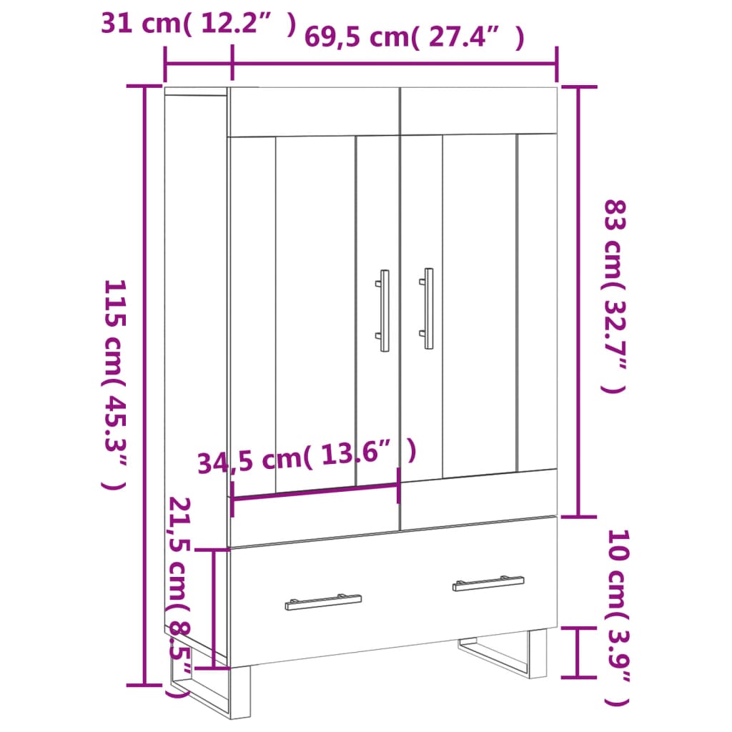 vidaXL Highboard Brown Oak 69.5x31x115 cm Engineered Wood