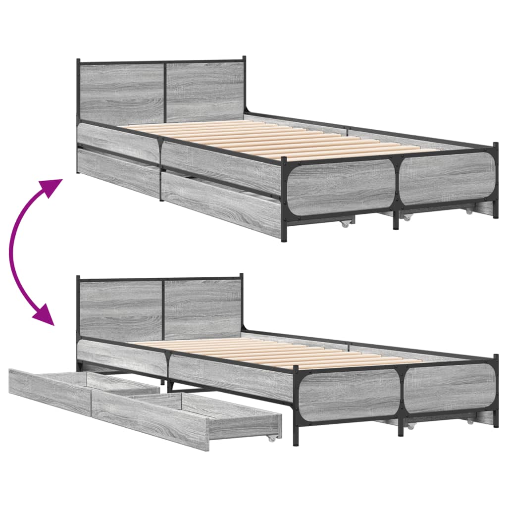 vidaXL Bed Frame with Drawers without Mattress Grey Sonoma 100x200 cm