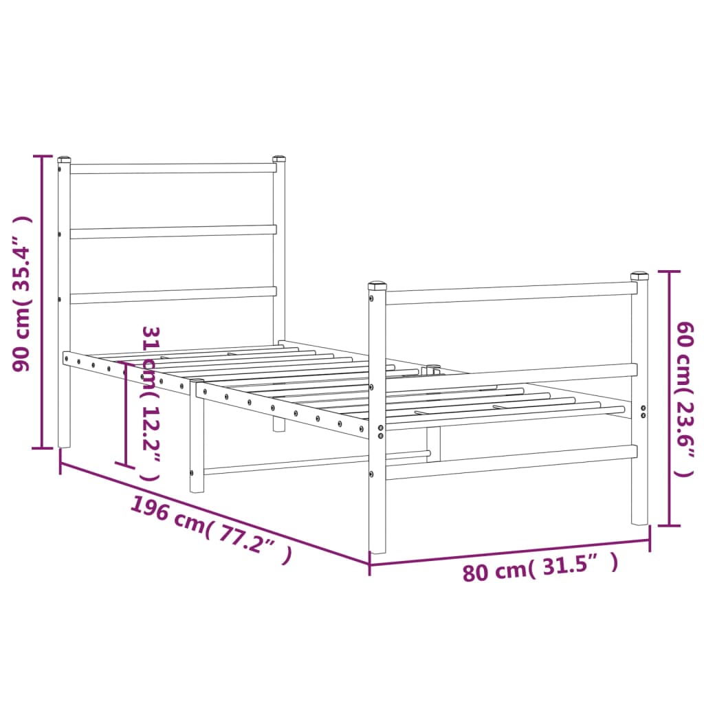 vidaXL Metal Bed Frame without Mattress with Footboard Black 75x190 cm Small Single