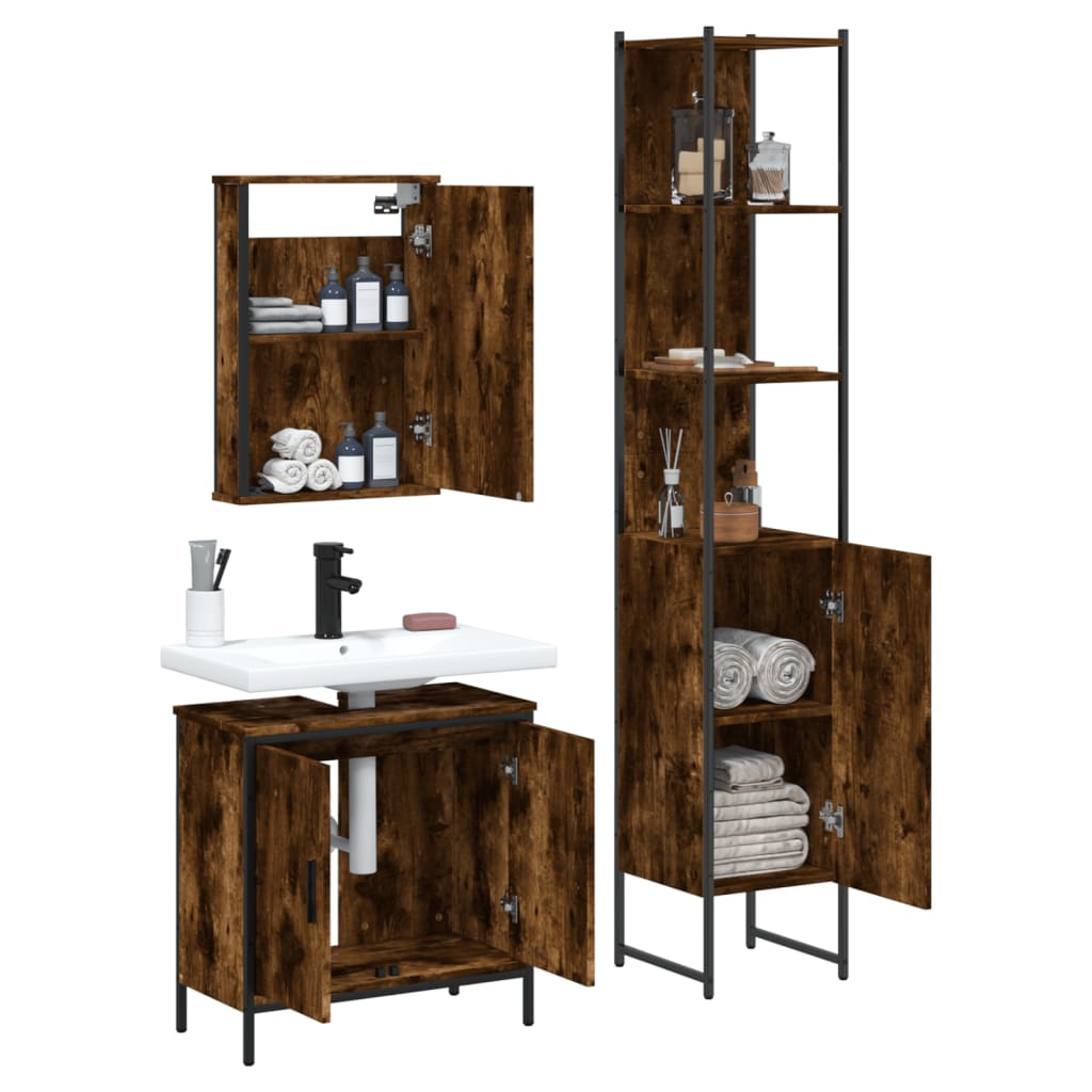 vidaXL 3 Piece Bathroom Furniture Set Smoked Oak Engineered Wood