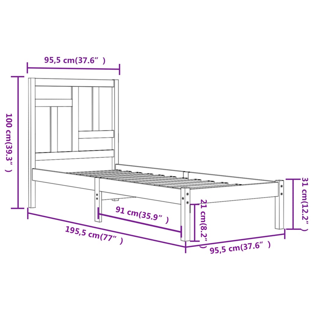 vidaXL Bed Frame without Mattress Black 90x190 cm Single Solid Wood Pine