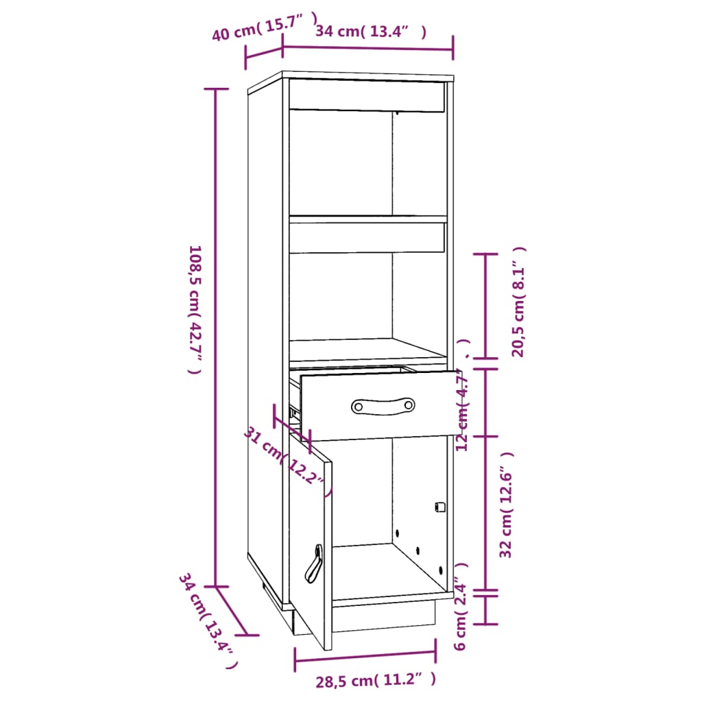 vidaXL Highboard White 34x40x108,5 cm Solid Wood Pine